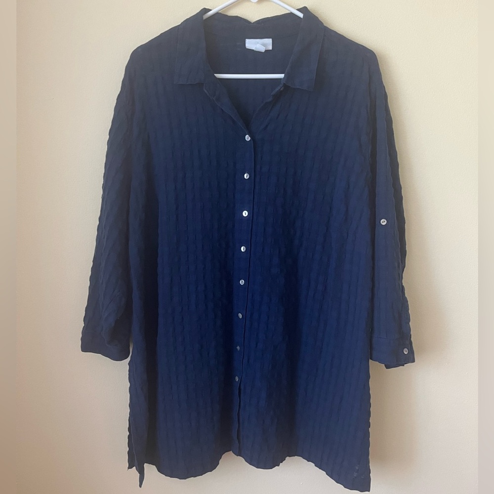J Jill Button Up Tunic Top Gauze Textured Navy Blue Cotton 3X Roll Tab Sleeves - Picture 2 of 4